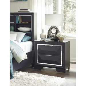 Comodino Moderno per Camera da Letto con Due Cassetti, Finiture in Acrilico Smussato, Mobile in Legno Blu Notte - Product Image 1