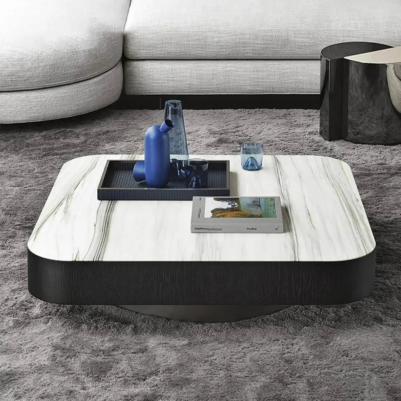 OKF mesa de centro cuadrada de acero inoxidable de piedra sinterizada minimalista de lujo con cajón