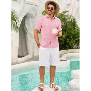 2025 camisa Guayabera para hombre 100% algodón botón abajo cubano Casual manga corta XL-para verano playa mexicana boda Tops - Product Image 1