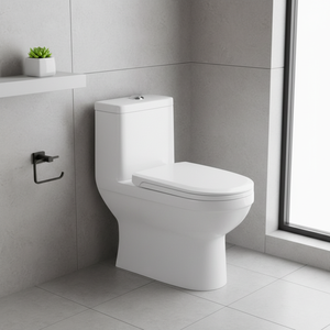 WC monobloc moderne en céramique à double chasse, à siphon, à siphon en S, autonettoyant, émaillé, pour usage hôtelier, modèle simple HUIKLER A-817, à poser au sol - Product Image 2