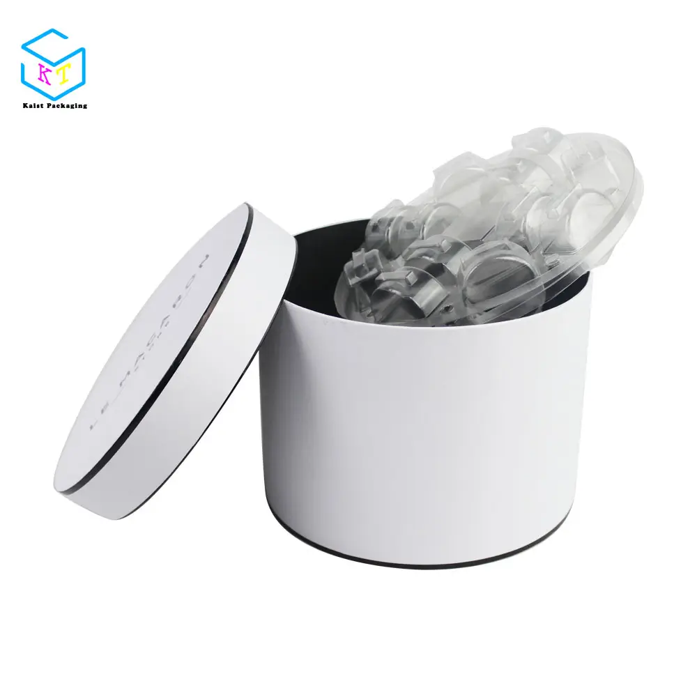 Custom white rigid cardboard round cylinder gift box macaron packaging with lid