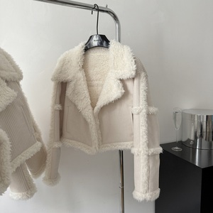 A11087 Ladies Fashion <strong>Short</strong> Woolen Jacket Coats PU <strong>Leather</strong> Dyed Vintage Decoration Zipper Closure Camel Sheep - Product Image 2