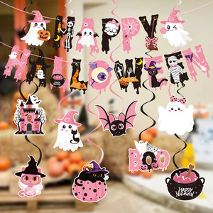 Set di Decorazioni per Festa di Halloween Rosa con Ghirlande di Carta a Spirale e Decorazioni Appese a Forma di Fantasma e Strega - Product Image 3