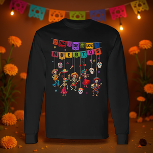 T-shirt à manches longues pour femme, col rond, imprimé numérique, Dia De Los Muertos Sugar Skull Dancing, pour adulte - Product Image 3