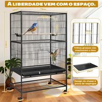 Grande cage à oiseaux en métal noir avec roulettes, étagère de rangement, plusieurs perchoirs en bois, plateau coulissant, design moderne pour perroquets et divers animaux de compagnie