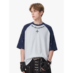 T-shirt Homme Personnalisé à Manches Courtes Raglan Imprimé Étoiles, Coupe Ample en Coton, Style Vintage Américain Color Block pour l'Été - Product Image 1