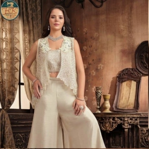 Women Designer Embroidered Crop Top with <b>Shrug</b> <b>Jacket</b> and Wide Leg Flared Palazzo Set Indian Indo Western Party Wear Dress - Product Image 3