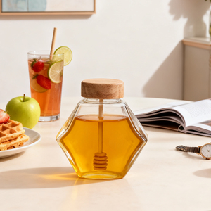 New Style Glass Honey Jars Hex Design with Wood Lid Ideal for Boutique Food Brands and Gifting - Product Image 5