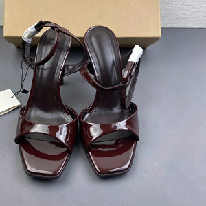 Sandalias sexys con punta abierta y correa en el tobillo, de cuero brillante color chocolate, tacones altos, <span class=keywords><strong>zapatos</strong></span> de vestir de tacón grueso tipo stiletto de lujo para mujer - Product Image 3