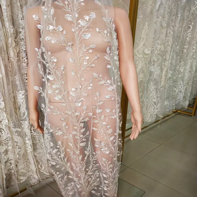 Vestido de noiva, lantejoulas bordados renda brilhante prata handwork tecidos de renda francês para vestido