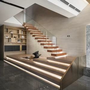 Escalera flotante de lujo ligera y moderna personalizada, paneles de piedra de madera de acero suspendidos para renovación de escaleras, escaleras de cristal - Product Image 3