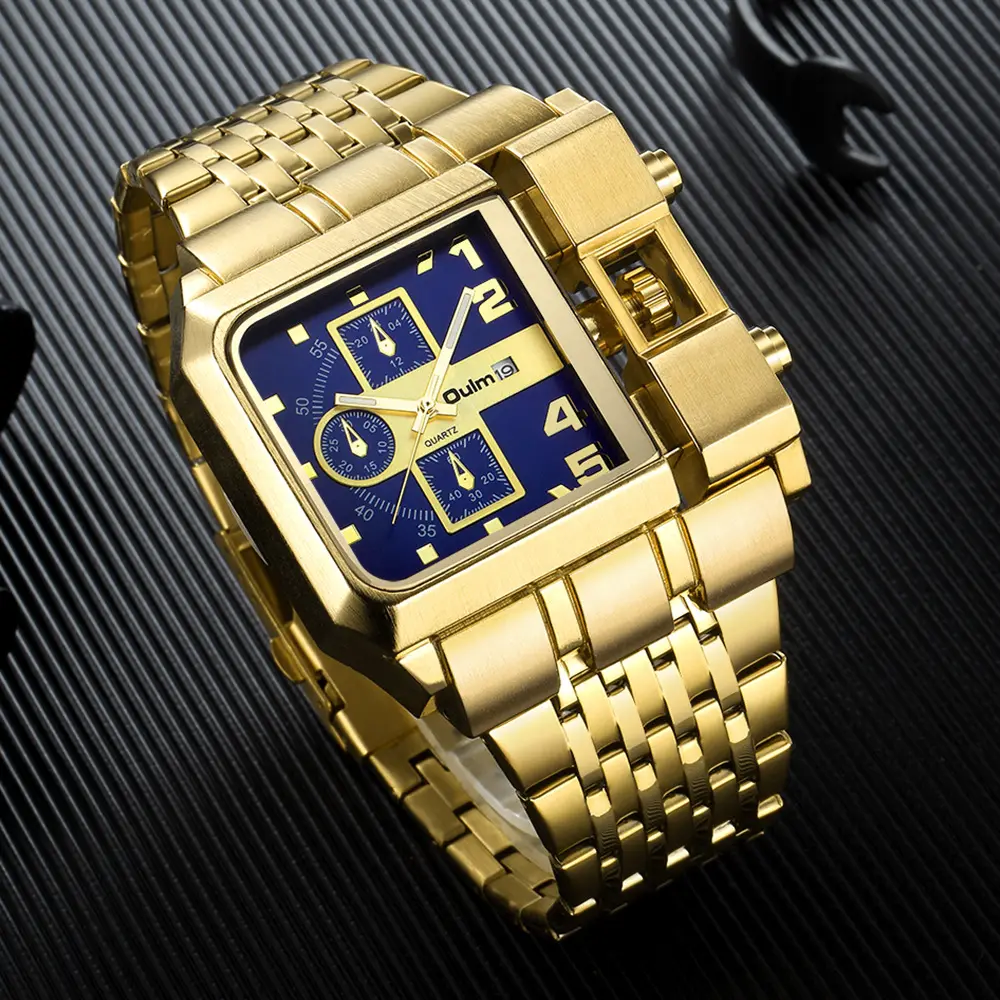 Oulm 3364 Gold Large Dial Men's Quartz Watches Stainless Steel Band Calendar Luxury Square Wristwatches Relojes