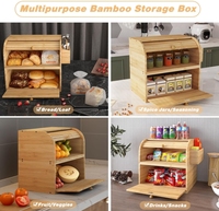 Boîte de rangement pour pain en bambou naturel à 2 niveaux, grande boîte à pain en bambou pour comptoir de cuisine, boîte à pain multi-niveaux avec couvercle roulant