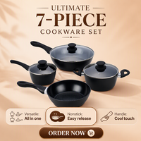 Set Panci Masak Aluminium 7 Pcs Anti Lengket dengan Gagang Silikon Bakelite dan Tutup Kaca, Set Peralatan Masak dengan Lapisan Keramik