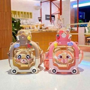 Summer Anti-Drop Portable Straw Cup High-Value Girls' Crossbody Style Magic Bear Square Design Food-Safe Reusable Plastic Water - Product Image 2