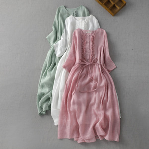 2023 Summer Artistic Vintage Neck Double-Layer <strong>Ethereal</strong> Lace-Up Loose Waist Mid-Length Travel Vacation <strong>Dress</strong> Women's Thin Pocket - Product Image 4