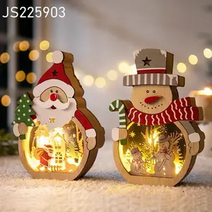 Decoraciones navideñas de madera para interiores, muñeco de nieve de escritorio LED, artesanía de madera, Feliz Navidad