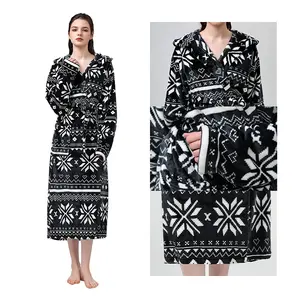 Sunhome Customised Size Loungewear Soft Fluffy Black Snowflake Flannel Pajamas Plush Hooded Robe