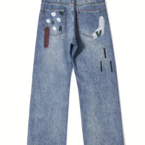 Pantalones Vaqueros Pintados para Hombre - Diseño Artístico de Pierna Ancha con Lavado Retro, Adecuados para Ropa Urbana y Tendencias de Moda de Estilo Artístico - Product Image 2