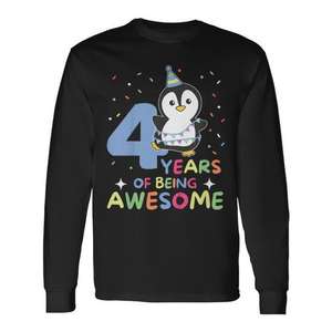 Maglietta a maniche lunghe con pinguino per il 4° compleanno dei bambini, maglietta per la festa dei quattro anni - Product Image 1