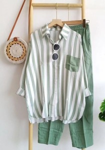Ensemble décontracté deux pièces pour <span class=keywords><strong>femme</strong></span>, jupe et haut à manches longues, en tissu mélangé tissé à rayures, nouvelle collection été, tailles S-5XL - Product Image 2