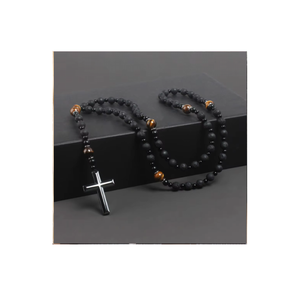 사용자 정의 8mm 천연석 비즈 크로스 목걸이 바위 비즈 묵주 호랑이 눈 종교 남자 목걸이 - Product Image 1