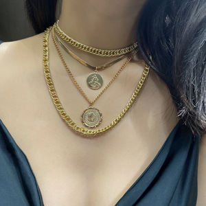 Toptan Punk çok katmanlı Curb küba tıknaz kalın portre gerdanlık kolye kadınlar Vintage oyma sikke kolye takı - Product Image 5