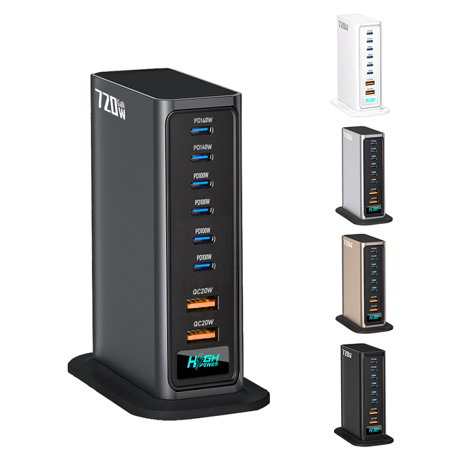 720W USB C Charger Type C PD 140W GaN Fast Charging 6 USB-C+2 USB-A 8 Ports Desktop Charger Station for Phone Tablet and Laptop