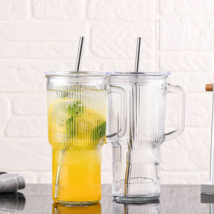 2025 New 1L Ribbed <strong>Glass</strong> Tumbler with Bamboo Lid &amp; Metal Straw, Handle for Home/Office Beverage - Product Image 5