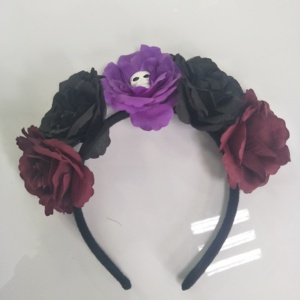 Diadema de <span class=keywords><strong>esqueleto</strong></span> para mujer de Halloween, diadema de flores moradas negras con diamantes de imitación para niñas, niños y adultos - Product Image 4