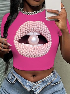 Camisetas <span class=keywords><strong>de</strong></span> <span class=keywords><strong>Mujer</strong></span> al por Mayor, Estilo Veraniego, Tejidas, Anti-Pilling, Ecológicas, Cómodas, Serie Rosa Perla, con Gráfico <span class=keywords><strong>de</strong></span> <span class=keywords><strong>Boca</strong></span> - Product Image 6