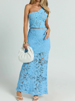 Ensemble deux pièces tricoté pour femme, personnalisé, asymétrique à une épaule, sans manches, à motif floral, couleur unie, avec robe longue ajourée