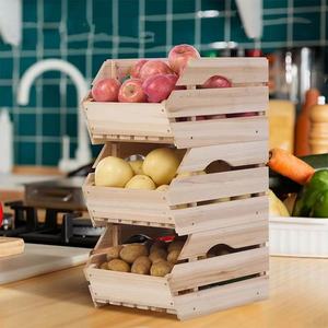Cesta de almacenamiento apilable de madera de tres niveles para verduras y frutas, rectangular, de madera maciza, ecológica, para encimera. - Product Image 1