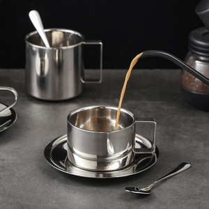 Taza de Café Elegante P-17 con Platillo y Cuchara, Acero Inoxidable 304, Taza para Espresso, Leche, Cappuccino, para Té de la Tarde, Camping, Cafetería - Product Image 4