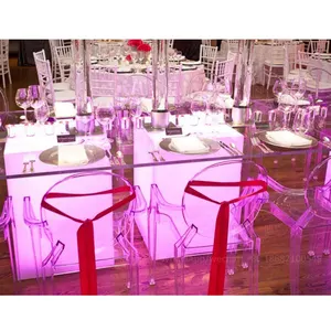 Table à manger de Banquet en acrylique blanc éclairé par Led avec dessus transparent