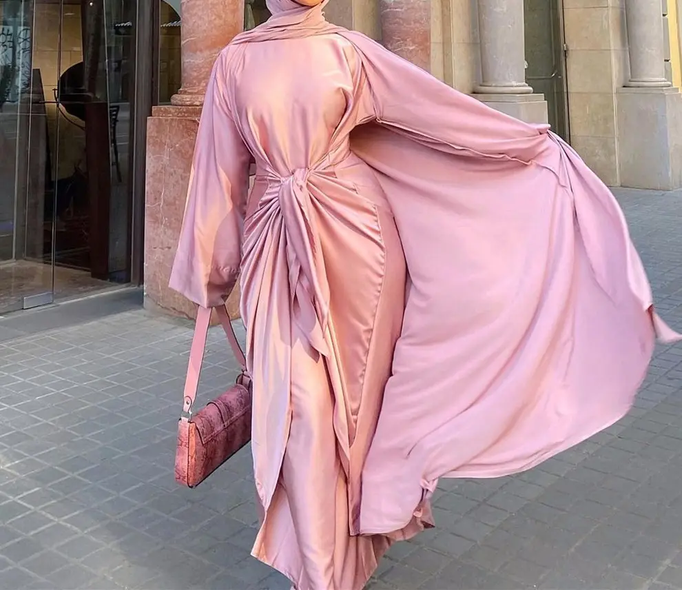 2 Piece Open Abaya Turkey Matching Muslim Sets Hijab Dress Eid Satin Abayas for Women Dubai Inner Dresses