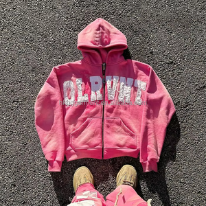 เสื้อฮู้ดซิปผ้าฝ้ายหนาน้ำหนักมาก 100% สำหรับผู้ชาย แบบสั่งทำพิเศษ ตกแต่งด้วยแพทช์ปักลายแบบวินเทจ ล้างสีแบบแอซิดวอช - Product Image 1