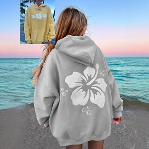 Sweat-shirt à capuche surdimensionné personnalisé pour femme, imprimé floral, 100% coton, logo sur le devant, décontracté, plage, streetwear - Product Image 4