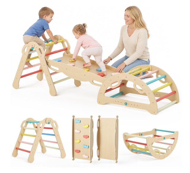 7 in 1 Safe Wooden Triangle Climber Set Adjustable Customizable Size Kids Indoor Play Gym Montessori Climbing Toys for Toddlers