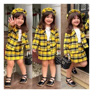 Ms-20 2024 New Baby Girl Dresses Set 3 Piece White Vest + Yellow Plaid Jacket + Pleated Skirts Child Kids Clothes Girls 3-6