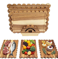 Juego de tablas de cortar de madera de acacia con borde festoneado y soporte con ranura para jugos para cocina