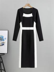 Femmes élégantes Noir Vs Blanc Hit Couleur Slim Bodycon Midi Party Sweater Dresses Retro Square Neckline Knitted Dress - Product Image 2