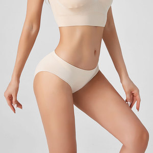 Culottes string femme taille basse unies <span class=keywords><strong>beige</strong></span> avec logo personnalisé, en nylon et élasthanne tricoté sans couture, grandes tailles, pour usage quotidien - Product Image 1