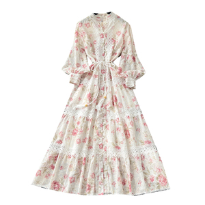 2025 verano túnica romana vendaje Casual Maxi vestido para mujer imperio <span class=keywords><strong>Patchwork</strong></span> impreso vestido de encaje - Product Image 5