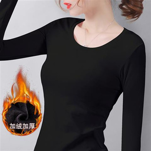 Fleece-lined Round Neck Long Sleeve Women's <b>Top</b> Warm Autumn Winter Base <b>Layer</b> Splicing Design Standard Version - Product Image 1