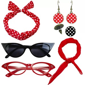Accessoires de costume <span class=keywords><strong>pour</strong></span> femmes des années 1950 - Écharpe en mousseline des années 50, Lunettes œil-de-chat, Bandeau foulard, Boucles d'oreilles à pois - Product Image 3