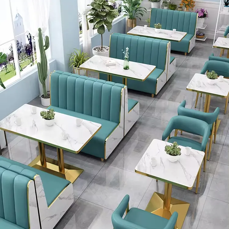 도매 현대 레스토랑 가구 세트 카페 패스트 푸드 부스 좌석 소파 골든 메탈 식탁과 의자 세트
