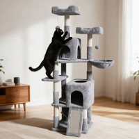 Centre d'activités pour chat de luxe à 6 niveaux, robuste, gris foncé, avec perchoirs en peluche de luxe, hamac intégré et panier, en carton durable