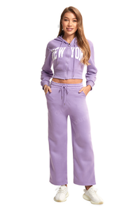 Tuta da donna viola con cappuccio, in cotone, vestibilità ampia, con coulisse e tasche laterali, stile primaverile - Product Image 1