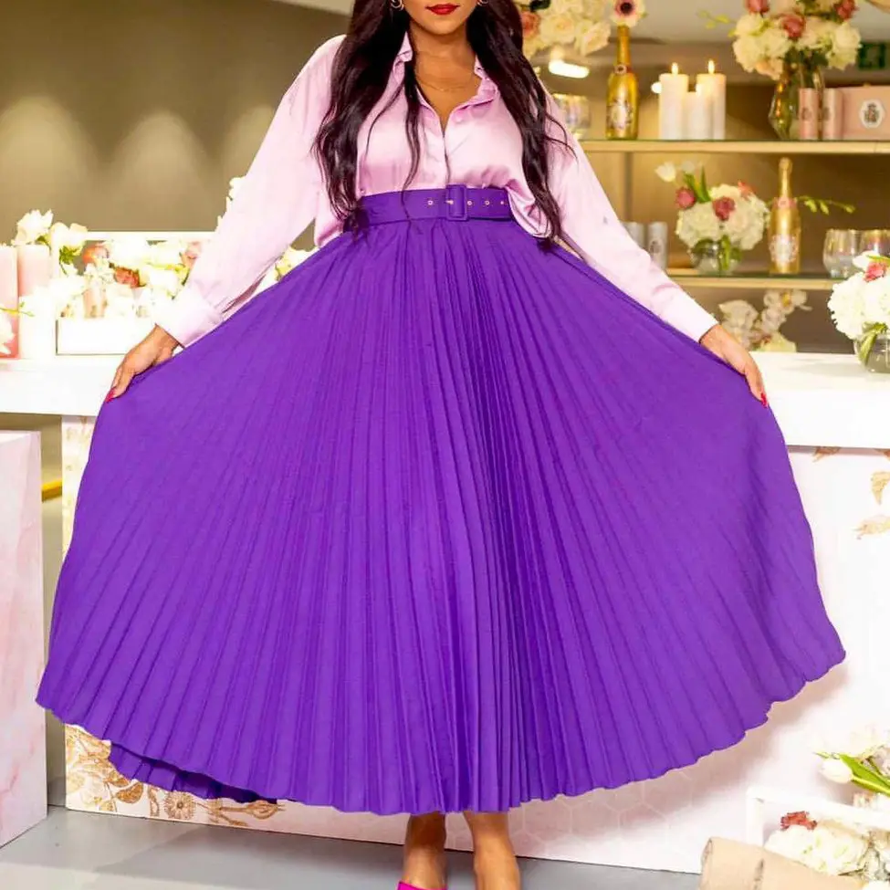 Fashion New Design High Waist Large Hem Skirts For Women Pleated Skirts Temperament Ladies Long Skirt With Free Belt